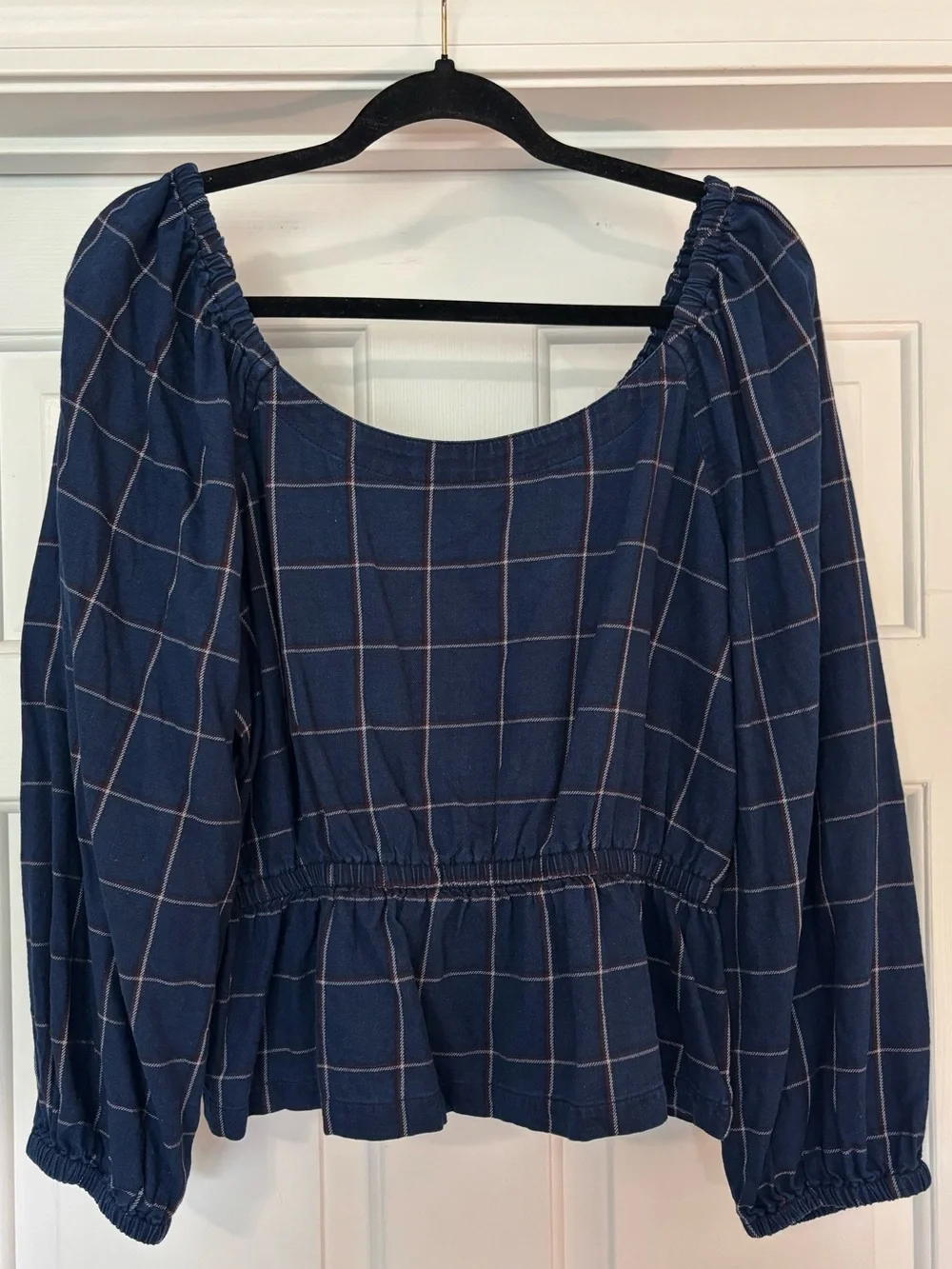Madewell Navy Plaid Peplum Blouse | Puff Sleeve Square Neck Top | Size Large